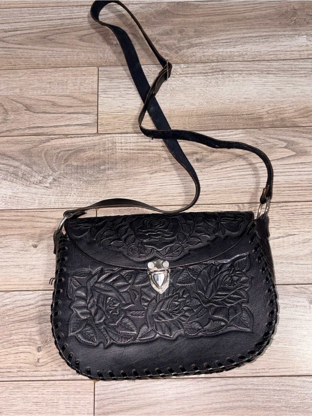 Hand-Tooled Black Floral Leather Crossbody Bag